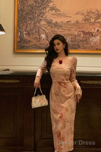 Sexy A Line Square Neckline Long Sleeves Pink Floral Prom Dresses Birthday Outfits Evening Gown