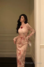 Sexy A Line Square Neckline Long Sleeves Pink Floral Prom Dresses Birthday Outfits Evening Gown