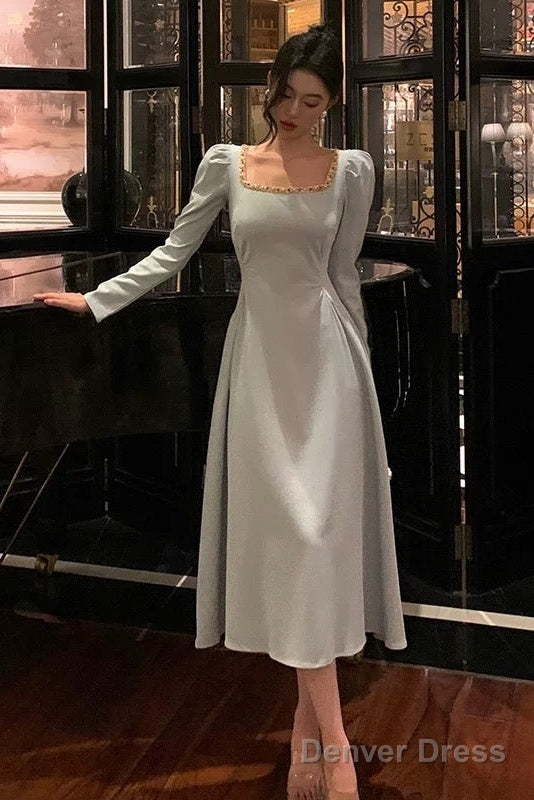 Sexy A Line Square Neckline Long Sleeves Prom Dresses Birthday Outfits Evening Gown