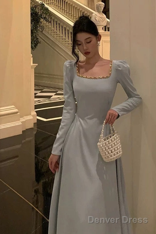 Sexy A Line Square Neckline Long Sleeves Prom Dresses Birthday Outfits Evening Gown