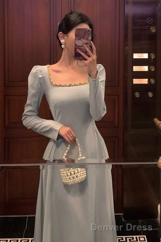 Sexy A Line Square Neckline Long Sleeves Prom Dresses Birthday Outfits Prom Gowns
