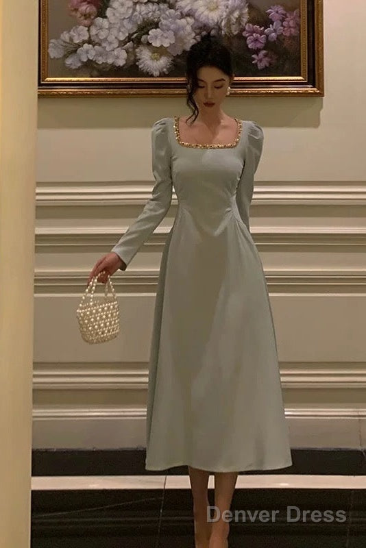 Sexy A Line Square Neckline Long Sleeves Prom Dresses Birthday Outfits Prom Gowns