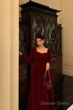 Sexy A Line Square Neckline Long Sleeves Tea Length Velvet Prom Dresses Birthday Outfits