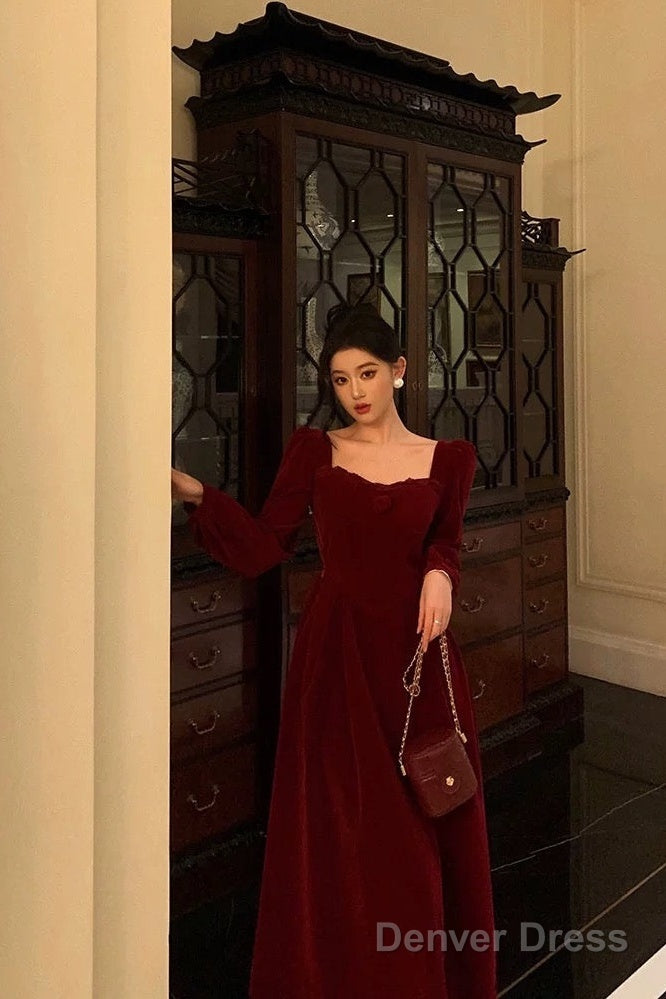 Sexy A Line Square Neckline Long Sleeves Tea Length Velvet Prom Dresses Birthday Outfits