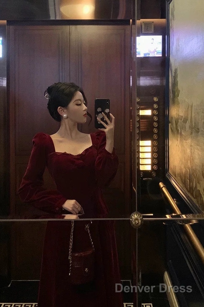 Sexy A Line Square Neckline Long Sleeves Tea Length Velvet Prom Dresses Birthday Outfits