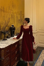 Sexy A Line Square Neckline Long Sleeves Tea Length Velvet Prom Dresses Birthday Outfits