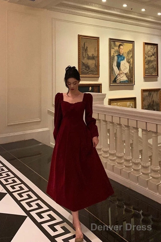 Sexy A Line Square Neckline Long Sleeves Tea Length Velvet Prom Dresses Birthday Outfits