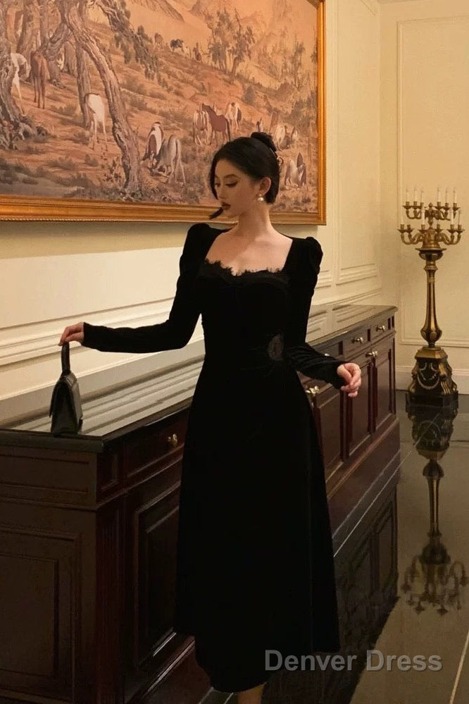 Sexy A Line Square Neckline Long Sleeves Velvet Lace Date Night Dress Prom Dresses Birthday Outfits Secondary image