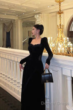 Sexy A Line Square Neckline Long Sleeves Velvet Lace Date Night Dress Prom Dresses Birthday Outfits