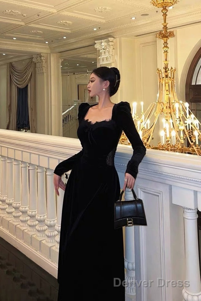 Sexy A Line Square Neckline Long Sleeves Velvet Lace Date Night Dress Prom Dresses Birthday Outfits