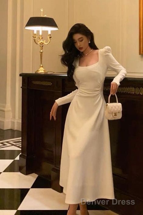 Sexy A Line Square Neckline Long Sleeves White Prom Dress Secondary image