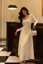 Sexy A Line Square Neckline Long Sleeves White Prom Dress