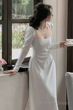 Sexy A Line Square Neckline Long Sleeves White Prom Dress