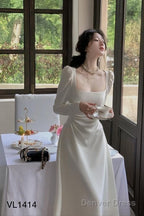 Sexy A Line Square Neckline Long Sleeves White Prom Dress