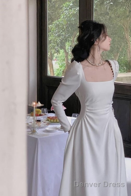 Sexy A Line Square Neckline Long Sleeves White Prom Dress