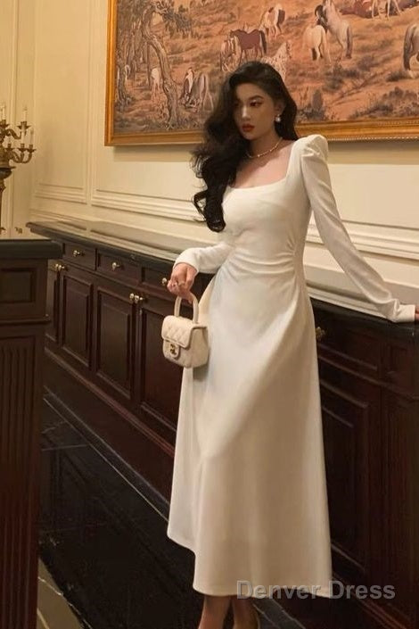 Sexy A Line Square Neckline Long Sleeves White Prom Dress Main image