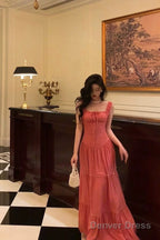 Sexy A Line Square Neckline Pink Long Prom Dresses Birthday Outfits