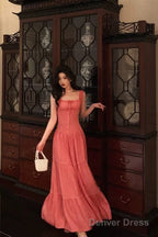 Sexy A Line Square Neckline Pink Long Prom Dresses Birthday Outfits