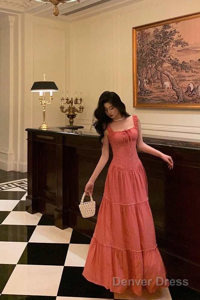 Sexy A Line Square Neckline Pink Long Prom Dresses Birthday Outfits