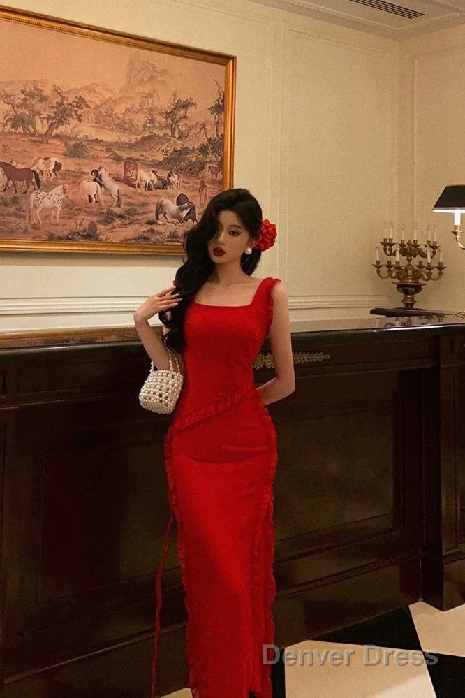 Sexy A Line Square Neckline Red Chiffon Prom Dresses Birthday Outfits Prom Gowns