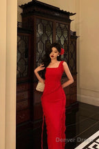 Sexy A Line Square Neckline Red Chiffon Prom Dresses Birthday Outfits Prom Gowns
