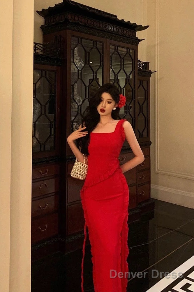 Sexy A Line Square Neckline Red Chiffon Prom Dresses Birthday Outfits Prom Gowns