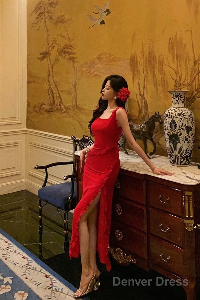 Sexy A Line Square Neckline Red Chiffon Prom Dresses Birthday Outfits Prom Gowns