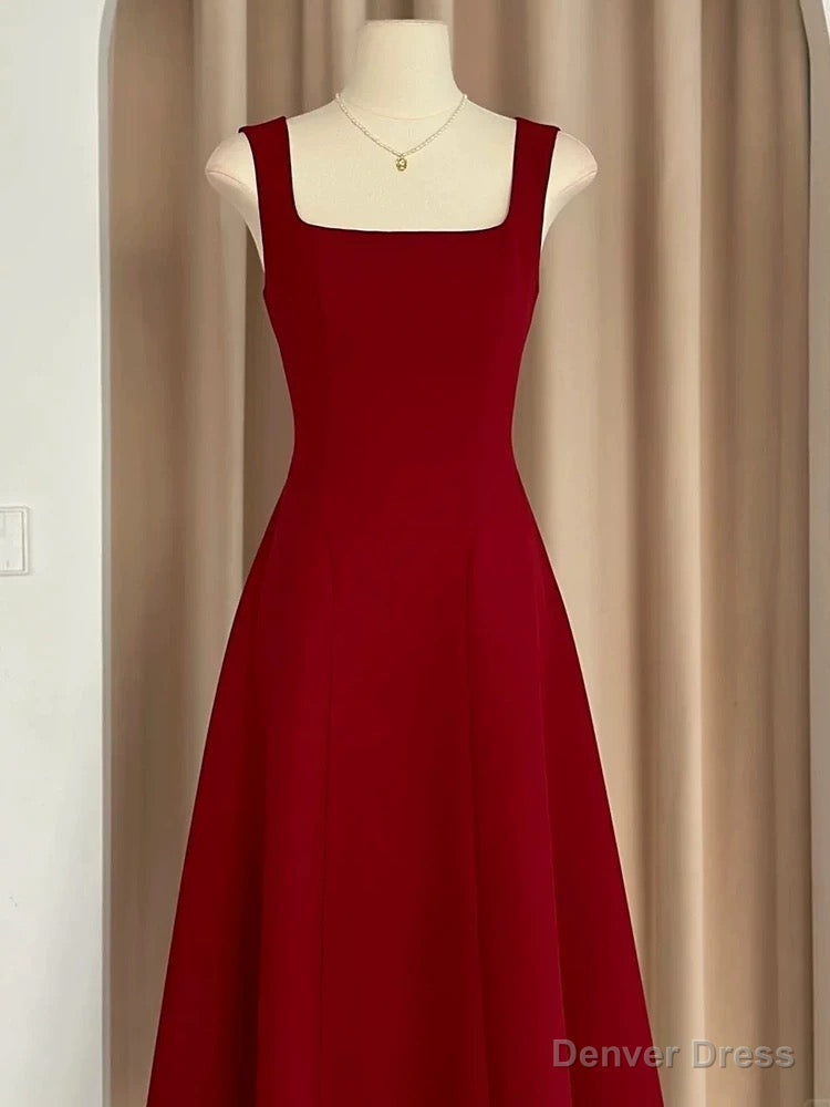 Sexy A Line Square Neckline Red Satin Ankle Length Prom Dress