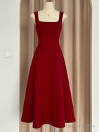 Sexy A Line Square Neckline Red Satin Ankle Length Prom Dress