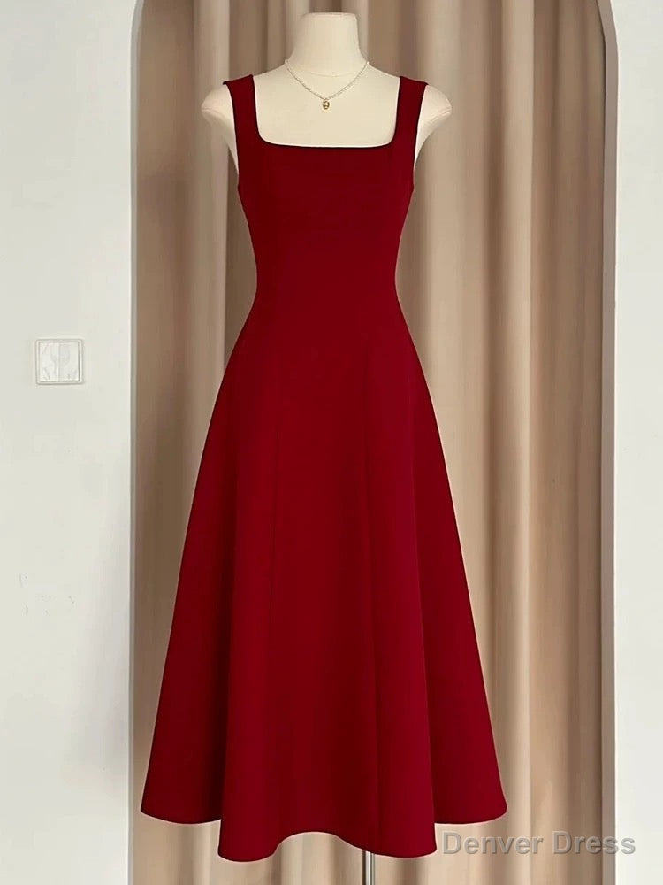 Sexy A Line Square Neckline Red Satin Ankle Length Prom Dress
