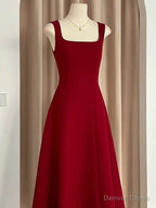 Sexy A Line Square Neckline Red Satin Ankle Length Prom Dress