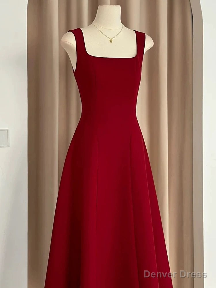 Sexy A Line Square Neckline Red Satin Ankle Length Prom Dress