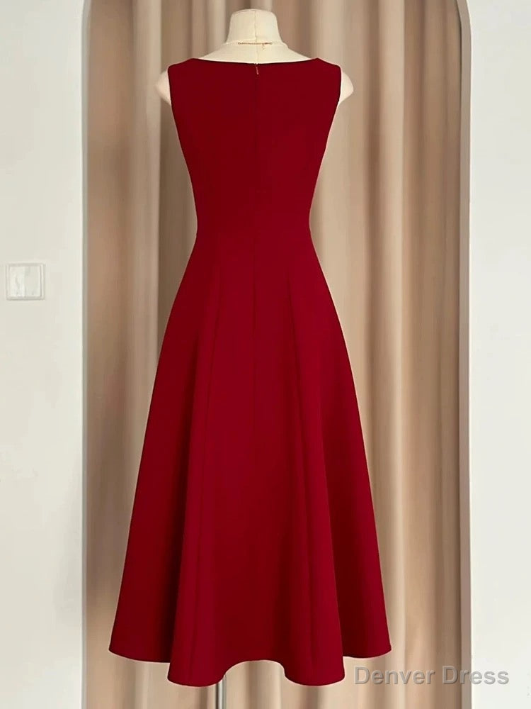 Sexy A Line Square Neckline Red Satin Ankle Length Prom Dress