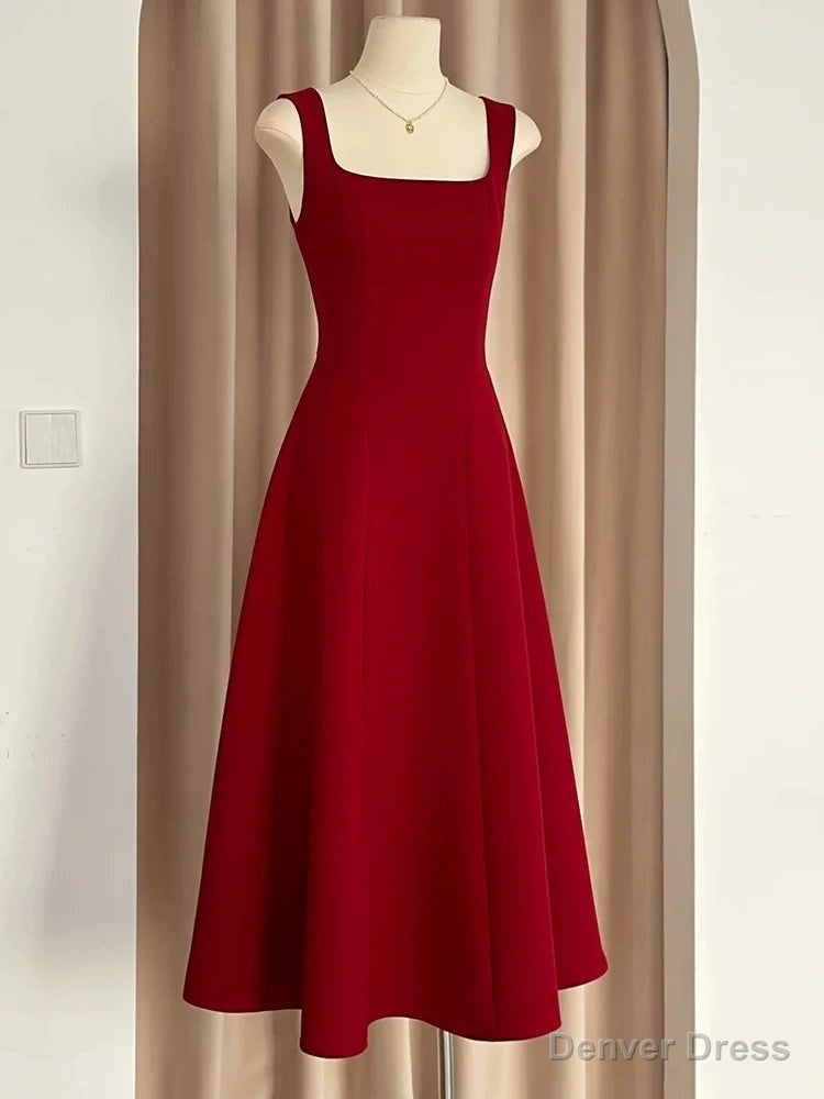 Sexy A Line Square Neckline Red Satin Ankle Length Prom Dress Main image