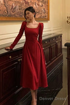 Sexy A Line Square Neckline Red Velvet Prom Dresses Birthday Outfits Prom Gowns