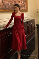 Sexy A Line Square Neckline Red Velvet Prom Dresses Birthday Outfits Evening Gown