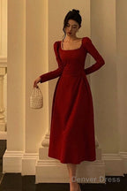 Sexy A Line Square Neckline Red Velvet Prom Dresses Birthday Outfits Prom Gowns