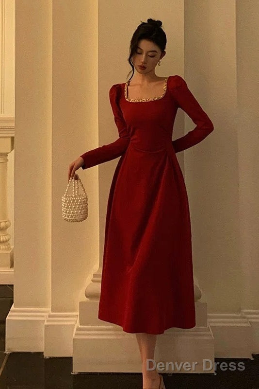 Sexy A Line Square Neckline Red Velvet Prom Dresses Birthday Outfits Prom Gowns