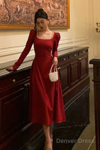 Sexy A Line Square Neckline Red Velvet Prom Dresses Birthday Outfits Prom Gowns