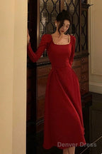 Sexy A Line Square Neckline Red Velvet Prom Dresses Birthday Outfits Prom Gowns