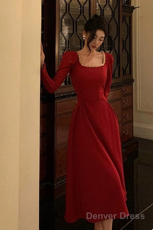 Sexy A Line Square Neckline Red Velvet Prom Dresses Birthday Outfits Prom Gowns