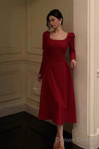 Sexy A Line Square Neckline Red Velvet Prom Dresses Birthday Outfits Prom Gowns