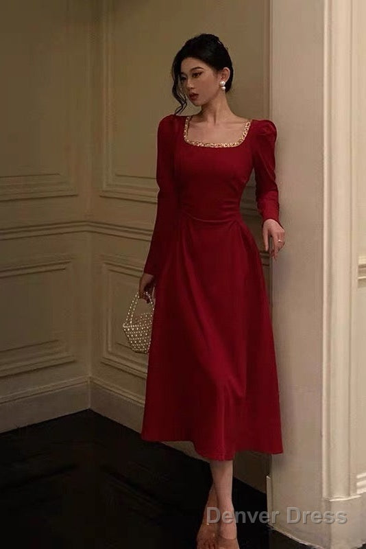 Sexy A Line Square Neckline Red Velvet Prom Dresses Birthday Outfits Prom Gowns