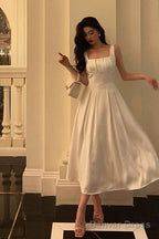 Sexy A Line Square Neckline White Satin Prom Dresses Birthday Outfits Prom Gowns