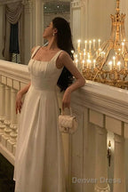 Sexy A Line Square Neckline White Satin Prom Dresses Birthday Outfits Prom Gowns