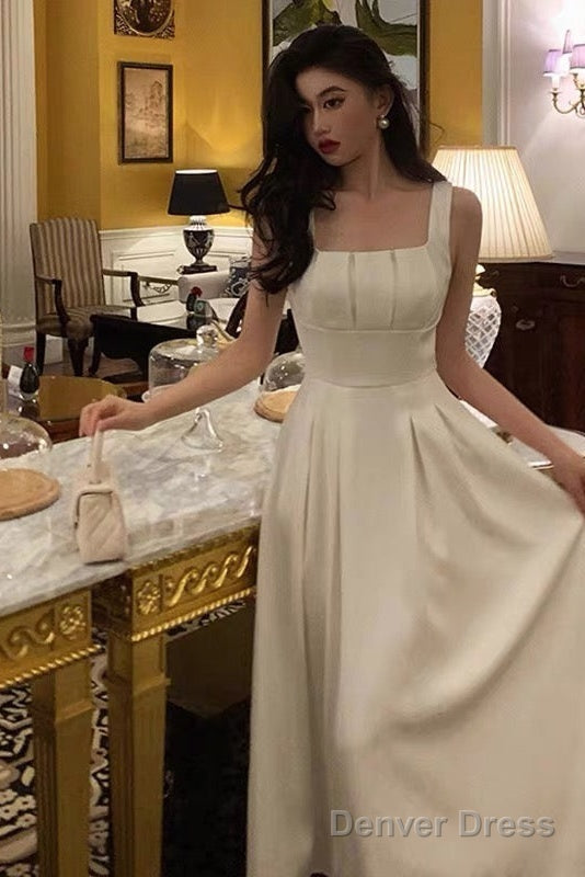 Sexy A Line Square Neckline White Satin Prom Dresses Birthday Outfits Prom Gowns