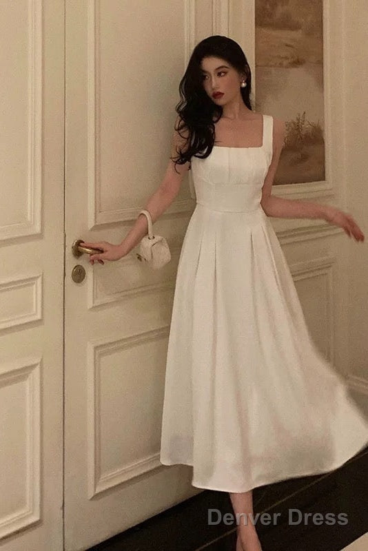 Sexy A Line Square Neckline White Satin Prom Dresses Birthday Outfits Prom Gowns