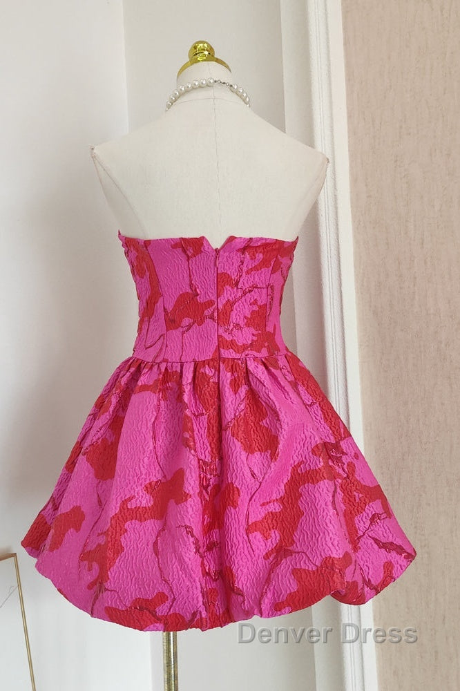 Sexy A Line Strapless Satin Pink Floral Vacation Dress Short Birthday Dresses