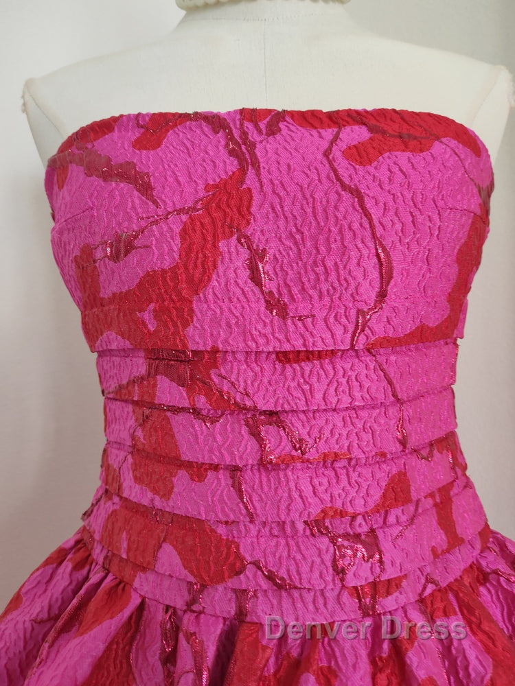 Sexy A Line Strapless Satin Pink Floral Vacation Dress Short Birthday Dresses