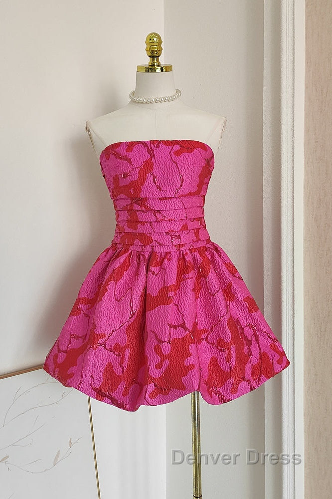 Sexy A Line Strapless Satin Pink Floral Vacation Dress Short Birthday Dresses